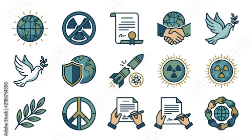 Set of vector icons representing world peace, international diplomacy, and nuclear disarmament concepts.
