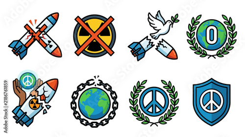 Set of flat vector icons representing world peace, disarmament, and anti-nuclear movement symbols.
