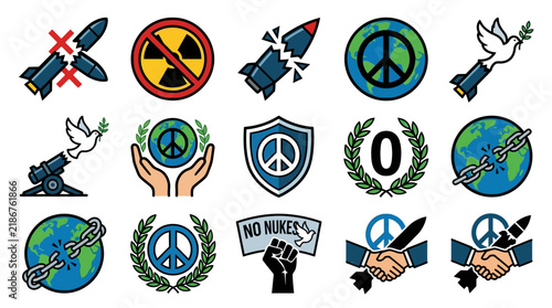 Set of flat vector icons representing world peace, anti-war movements, and global harmony symbols.
