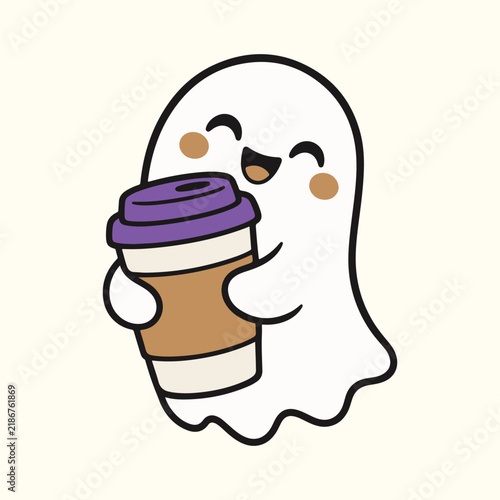 Cute Ghost Holding Coffee Cup Halloween Vector