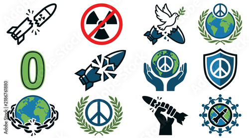 Collection of peace and anti-war icons featuring broken missiles and global unity symbols.