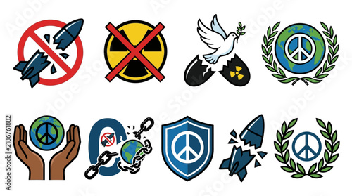 Collection of icons representing world peace and anti-war concepts.