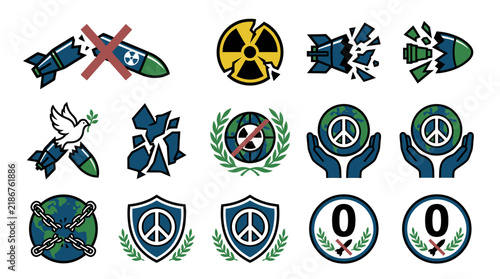 Set of icons representing world peace, nuclear disarmament, and global security concepts.