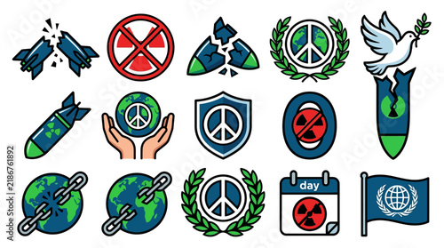 Collection of peace and anti-nuclear weapon icons and symbols for global harmony.