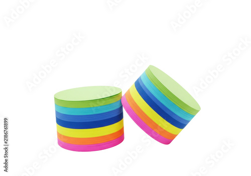Two thick, circular sticky note stacks, slightly tilted, displaying a smooth chromatic gradient on matte paper, isolated on transparent, concept of professional organization