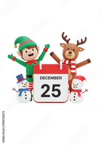 Joyful minimalist 3d christmas elf in green velvet suit, stylized reindeer, and snowmen flanking a '25 december' icon, smiling and waving on white background. commercial holiday announcement concept
