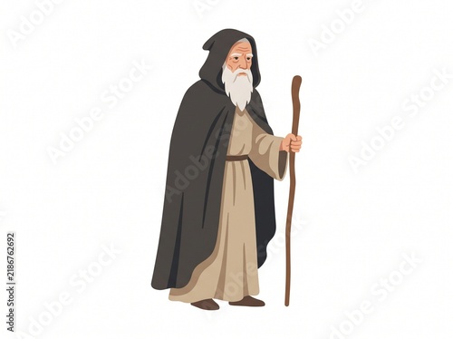 Elderly Monk in Dark Hooded Cloak and Beige Robe Character Vector Illustration , vector isolated on white
