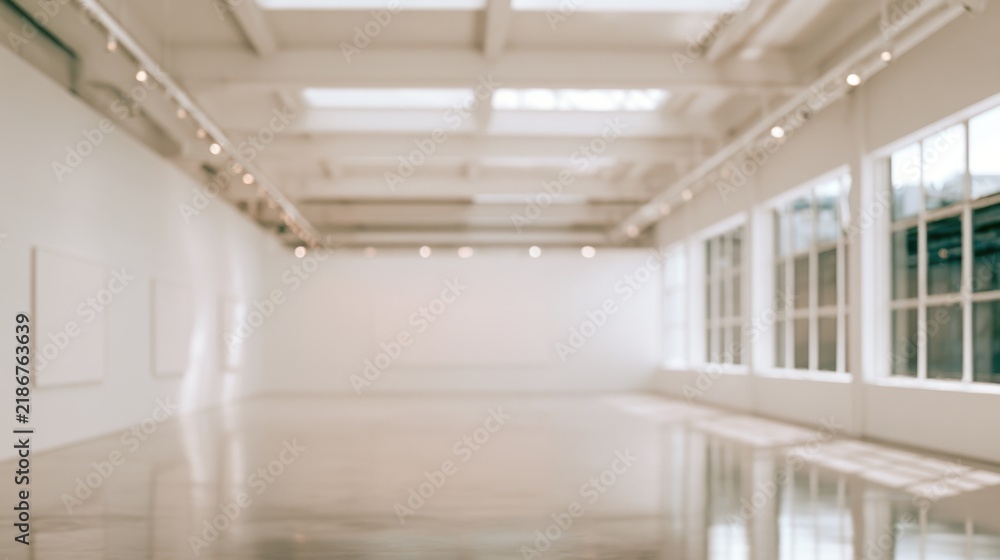 Obraz premium A spacious, bright modern gallery with white walls, large windows, and polished floors, ideal for showcasing artwork.