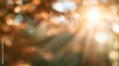 Soft sunlight filters through blurred autumn leaves, creating warm bokeh effects and gentle rays in a serene, nature-inspired scene.