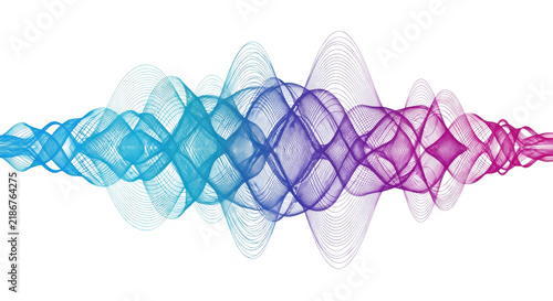 abstract flowing wave graphic of intertwined parallel vector lines in a vibrant cyan to magenta gradient against a stark white background with copy space, visualization of high-speed data flow concept