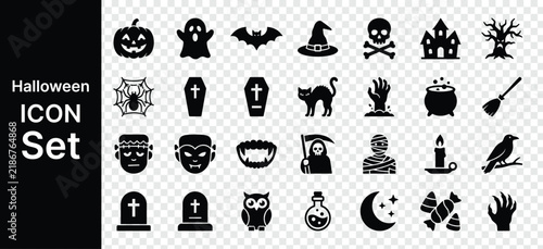 Halloween Solid Icon Set with Spooky Pumpkin, Ghost, Witch Hat, Bat and Spider Elements Editable vector Design Template. 