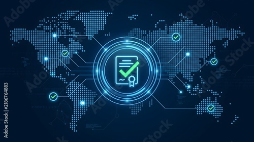Digital certification icon over world map showing global network