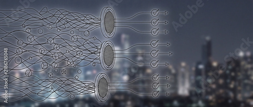Conceptual abstract illustration of complex data streams being filtered and organized into streamlined results with checkmarks against a blurred night city background, symbolizing efficient