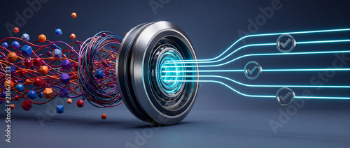 Conceptual high-tech illustration of chaotic data entering a metallic processing unit and emerging as organized, verified digital streams with checkmark symbols for system efficiency.