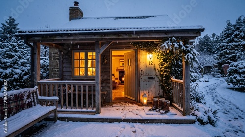 Cozy Wooden Cottage Covered in Winter Snow with Warm Glowing Lights at Dusk