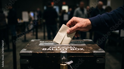 Hand casting a ballot into a box for the official election, representing democracy and voting rights
