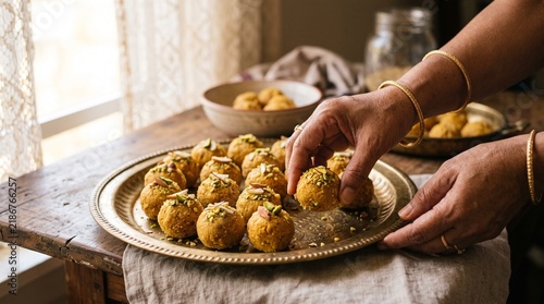 Delicious Indian Sweets Hands Arranging Golden Laddoo Desserts on a Platter