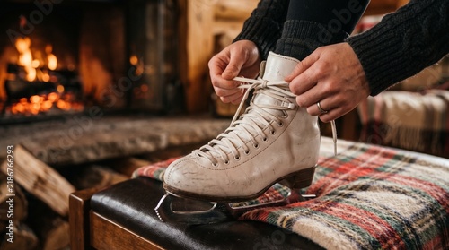 Close-up of a person tying ice skates by a warm fireplace in a cozy cabin during winter