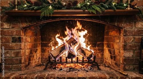 Cozy brick fireplace with a roaring fire, beautifully decorated with festive Christmas garland, creating a warm and inviting atmosphere for winter evenings