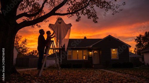 Father and son share a heartwarming Halloween tradition, decorating a tree with a spooky ghost as the vibrant autumn sunset paints the sky in fiery hues, creating a memorable family moment