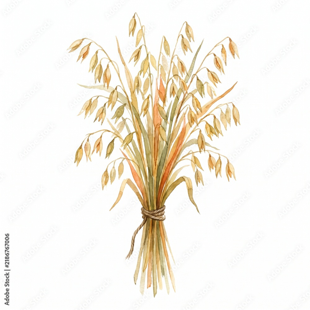 Fototapeta premium Watercolor Illustration of Ripe Oat Harvest Bundle Isolated on White