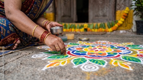 Indian woman drawing a colorful rangoli pattern on the floor during Diwali festival celebration