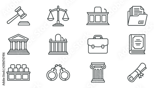 Justice Symbols Icons with Gavel Scales Courtroom and Briefcase during Legal Concept Vector Illustration Isolated on white background