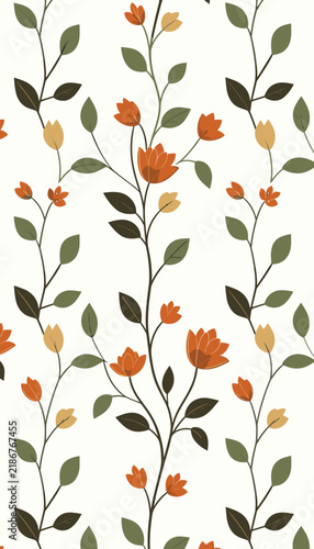 Seamless floral pattern with orange flowers and green leaves on white background