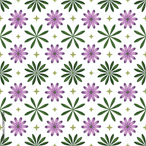 Seamless floral pattern with purple blossoms and green leaves on white background
