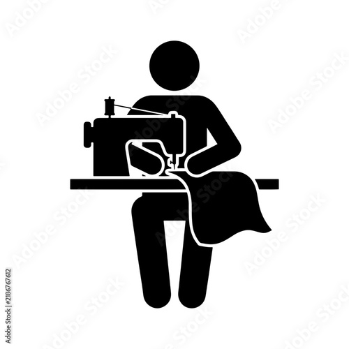 A black vector silhouette illustration of a tailor working with a sewing machine, isolated on a white background.