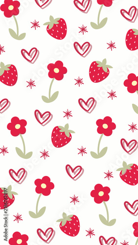 Seamless pattern background with cute red strawberries flowers and hearts for fabric print design