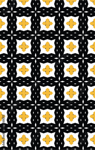 Seamless pattern featuring geometric flower shapes in elegant yellow and bold black colors