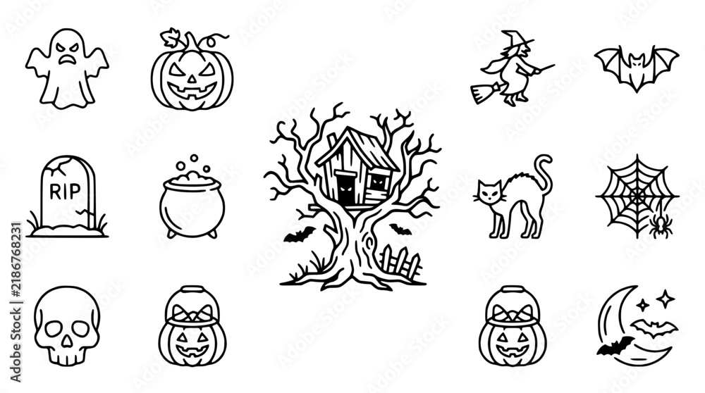 Fototapeta premium Halloween Icons Collection: Ghost, Pumpkin, Witch, Bat, Tombstone, Cauldron, Spiderweb