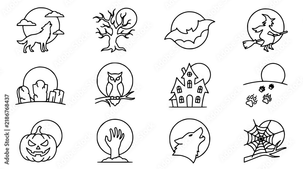 Obraz premium Halloween Icons Set: Wolf, Owl, Witch, Haunted House, Pumpkin, Bat, Spiderweb