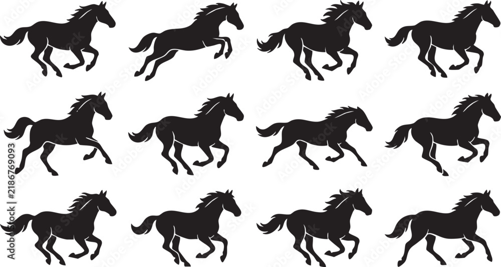 Obraz premium Running horse black silhouettes sequence set for frame animation or creative graphic design.