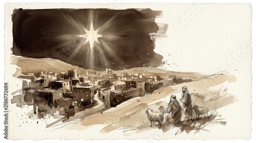Watercolor Nativity Scene Featuring Shepherds and Star of Bethlehem Over Ancient Town