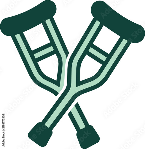 Simple flat vector icon of two crossed medical crutches used for physical therapy and injury recovery