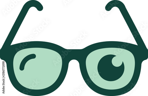Minimalist flat vector illustration of eyeglasses with a dark green frame and light green lens reflection