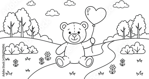 A delightful coloring page featuring a charming teddy bear holding a heart shaped balloon in a picturesque outdoor scene with trees and