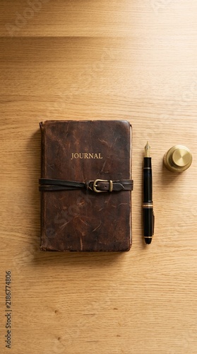Vintage Leather Journal and Pen on Wooden Table.