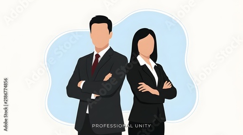 Professional business man and woman standing with arms crossed against a light blue background