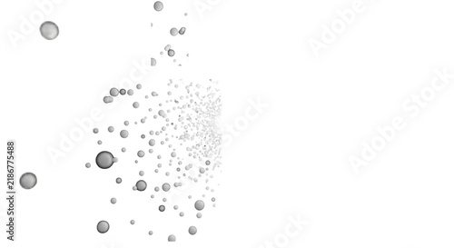 Abstract hyper-detailed render of dynamic white data particles with shallow dof and bokeh spheres, contrasted against a transparent copy space by a solid matte black background. Concept of duality and