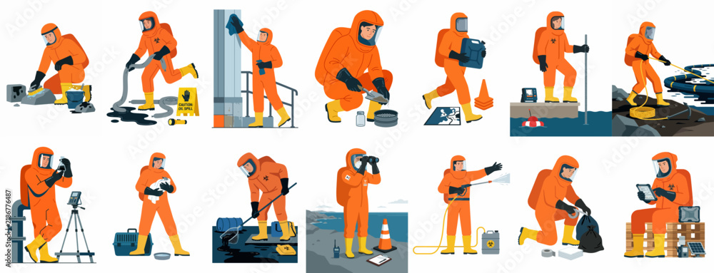 Fototapeta premium Set of illustrations featuring workers in orange hazmat suits performing various hazardous material cleanup, environmental monitoring, and industrial safety tasks.