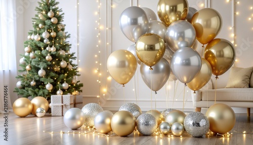 Festive Christmas celebration background featuring elegant gold and silver balloons near a decorated pine tree and glowing holiday lights