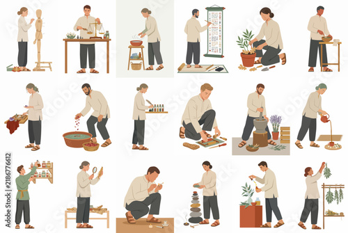 Collection of illustrations depicting diverse people practicing traditional artisanal crafts, hobbies, and mindful activities in a simple, elegant artistic style.