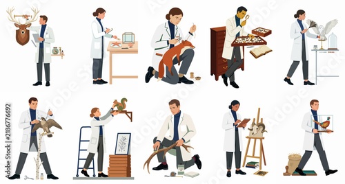 A collection of professional taxidermists and museum curators in lab coats working on various animal specimens for preservation, research, and natural history displays.