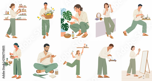 Minimalist vector illustrations of diverse people practicing natural self-care, skincare routines, and using organic beauty products in a clean, holistic aesthetic.