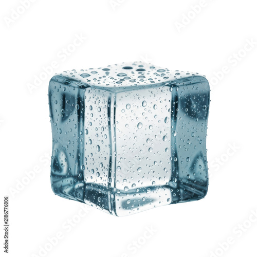 a single, geometrically perfect ice cube, crystal clear with a cyan tint and wet condensation droplets, against an infinite white studio background, concept for premium beverage branding