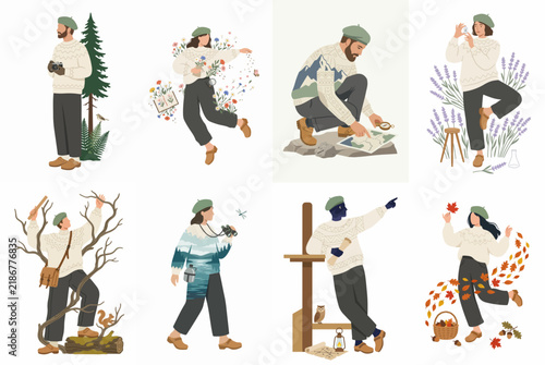 Set of minimalist illustrations featuring people engaged in outdoor activities, nature exploration, hiking, and photography across various seasons in a flat design style.