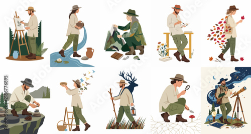 Flat vector illustrations of people engaged in diverse nature activities like hiking, painting, stargazing, birdwatching, and exploring the great outdoors.
